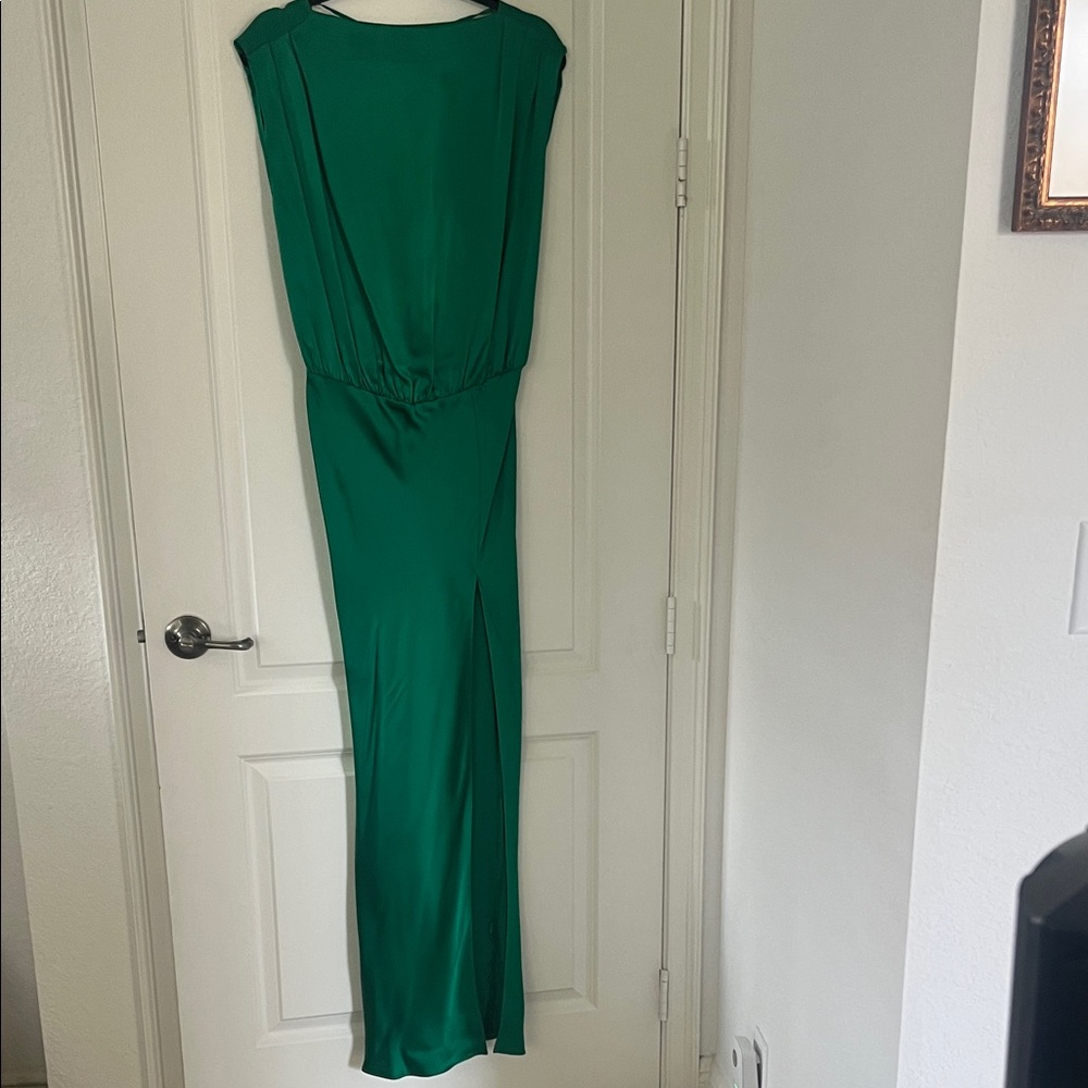 NWT Amanda Uprichard Emerald Maxi Dress with front slit and tie back. Holiday